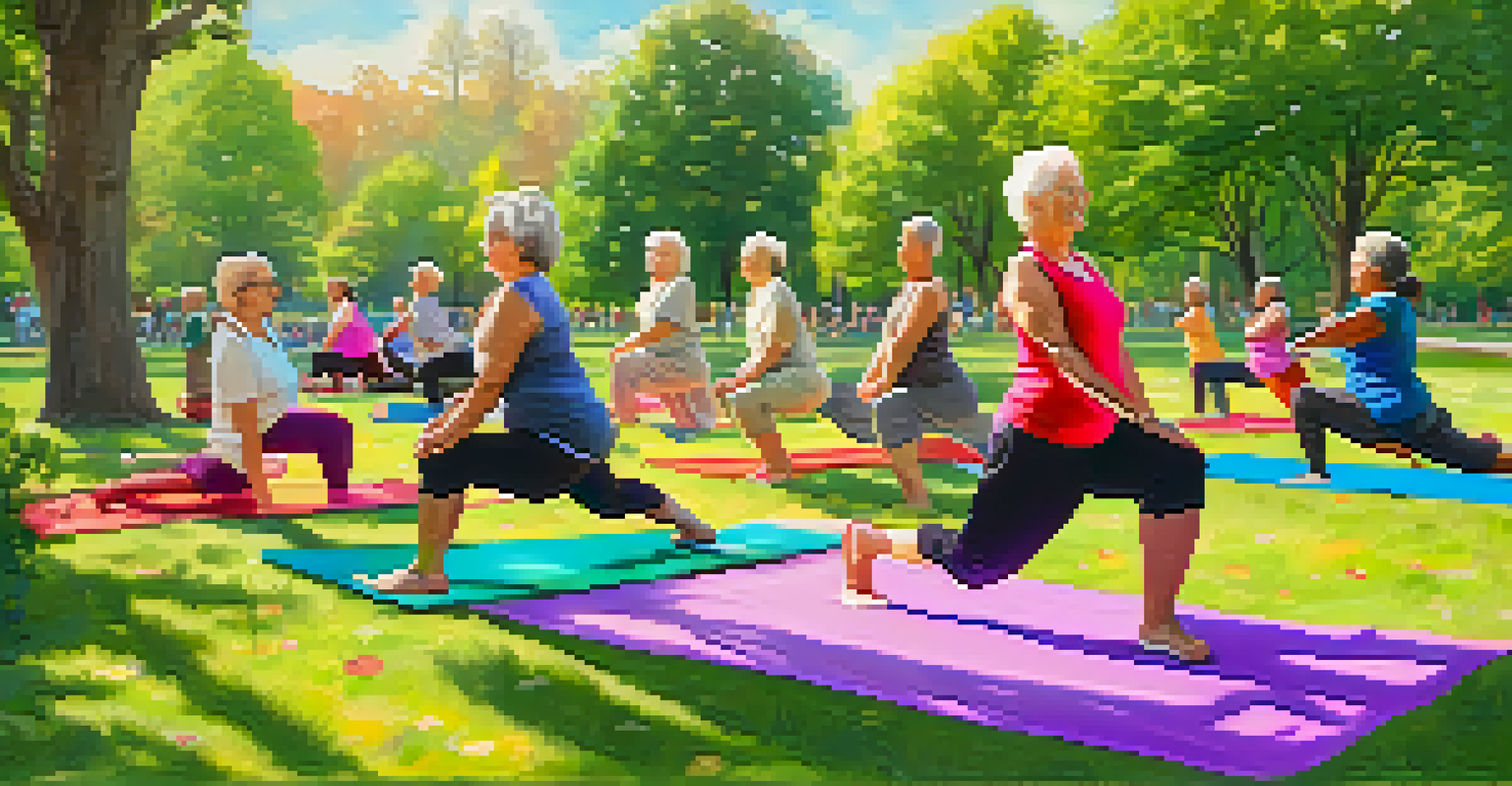 Seniors practicing yoga in a park, enjoying the outdoors and promoting health and wellness.