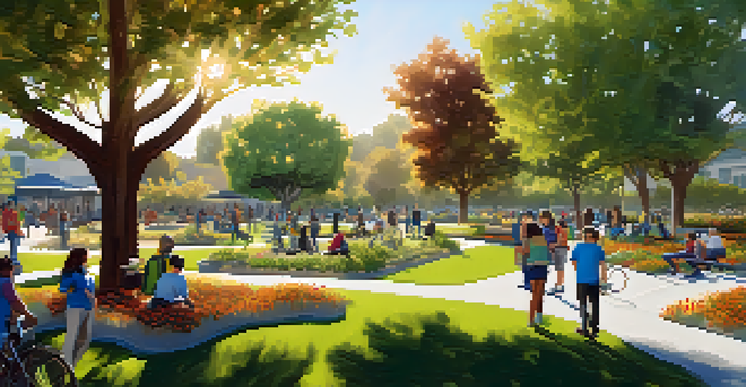 A community park filled with native trees, community gardens, and families enjoying the outdoors, representing sustainability and community involvement.