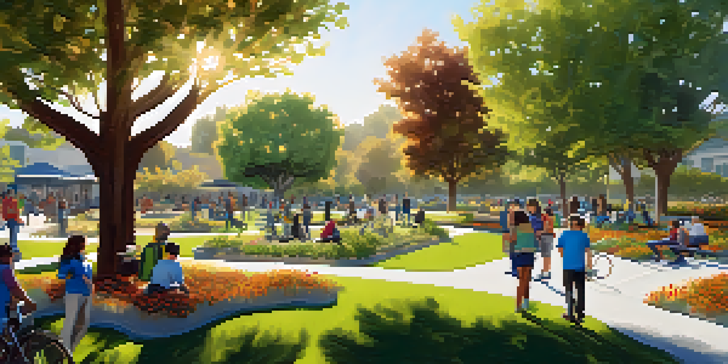 A community park filled with native trees, community gardens, and families enjoying the outdoors, representing sustainability and community involvement.