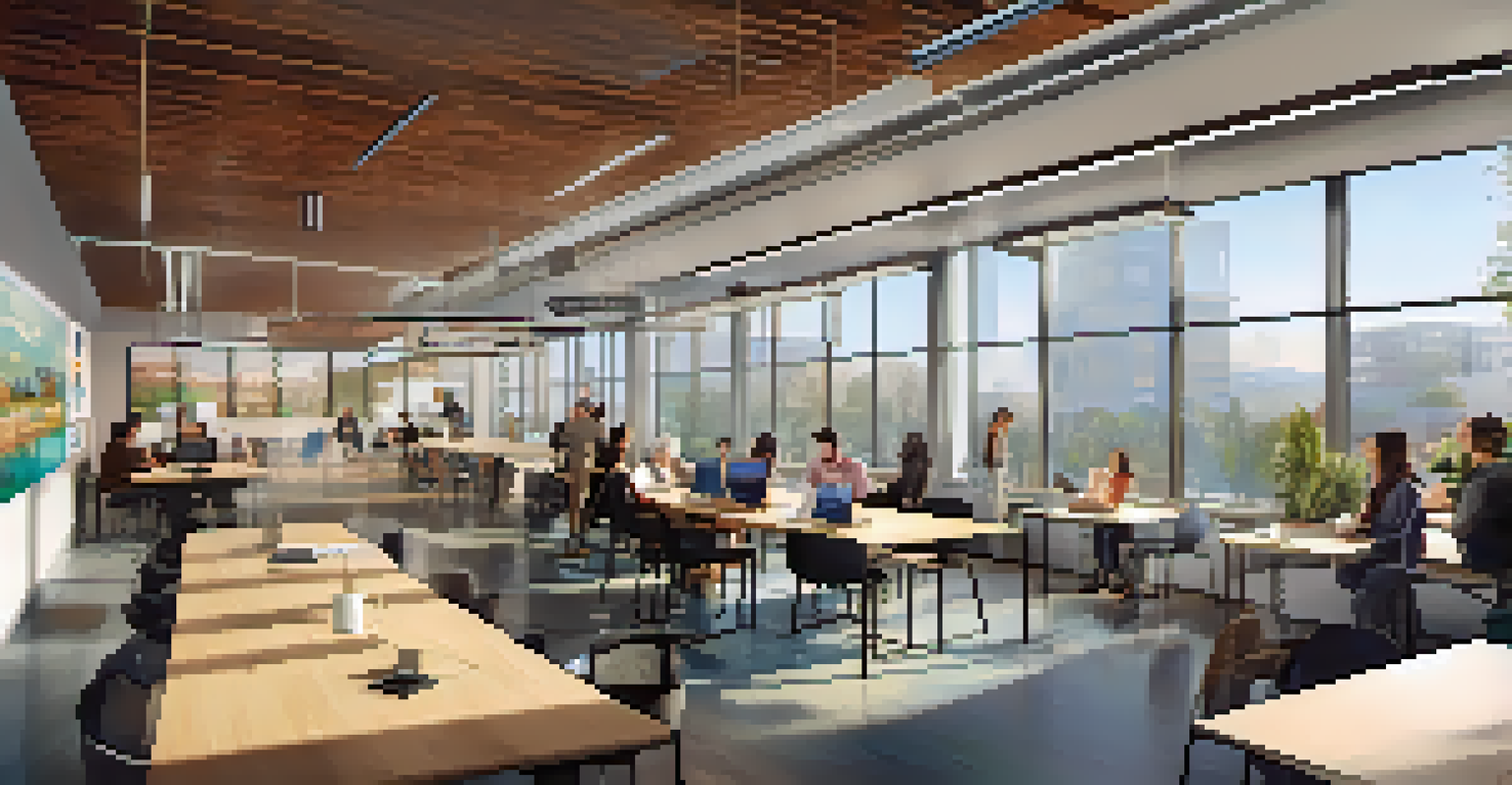 A bright co-working space in Cupertino with modern furniture and people collaborating, showcasing a lively atmosphere.