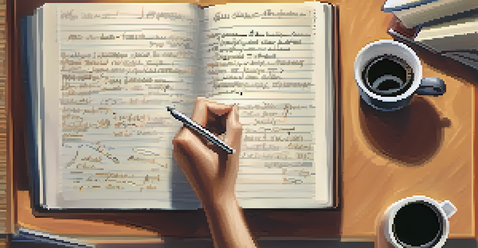 A close-up of hands taking notes during a seminar in a library, with a blurred projector screen in the background.