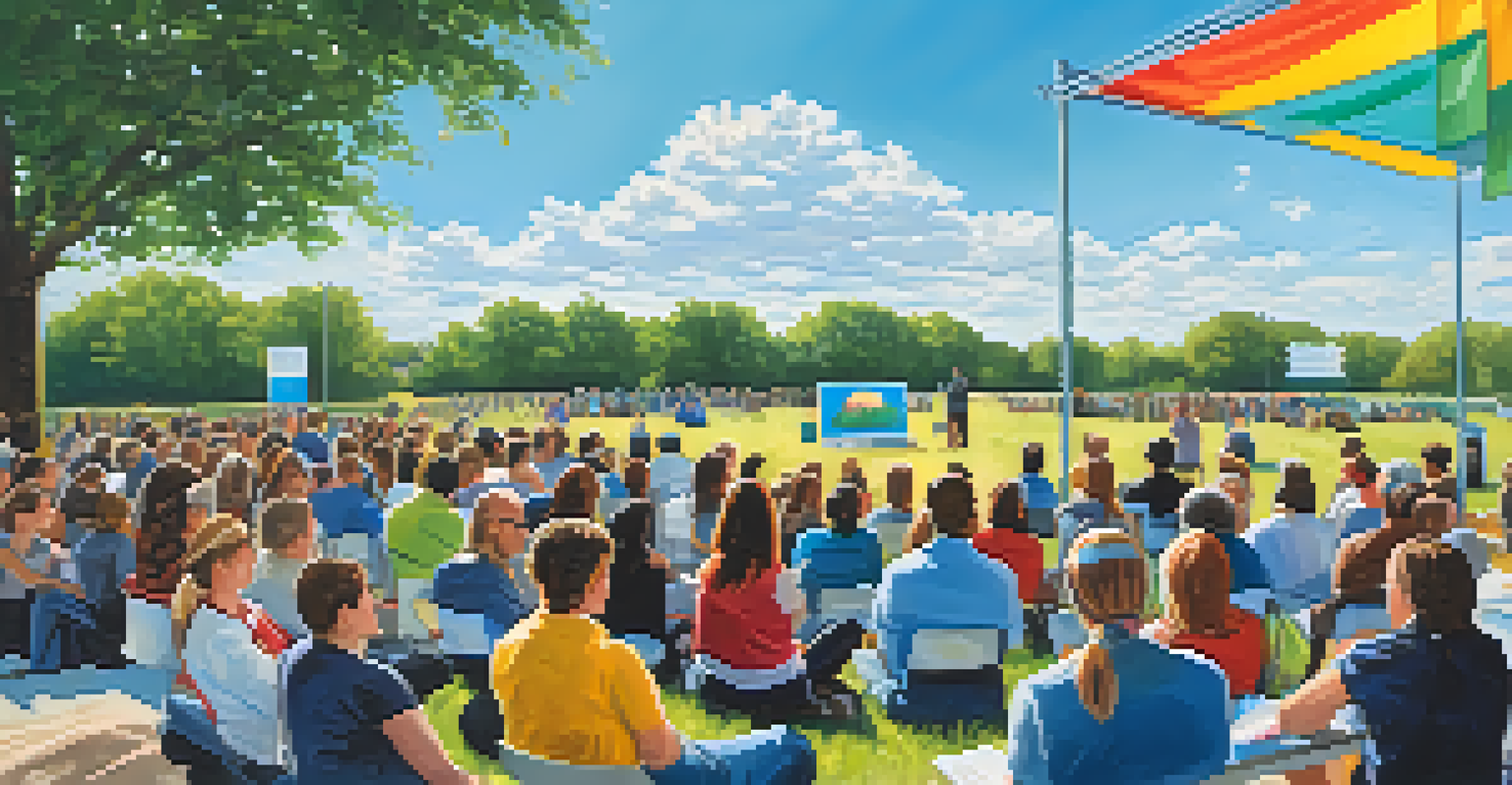 An outdoor seminar on mental health awareness with a speaker presenting to an attentive audience under a sunny sky, surrounded by colorful banners.