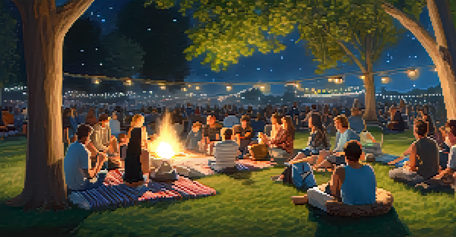 A summer concert in Cupertino, with a local band performing and families enjoying the music on picnic blankets in a park under the stars.