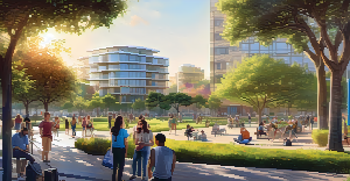 A lively urban park in Cupertino with people using mobile apps, surrounded by modern buildings and greenery, illuminated by warm sunlight.