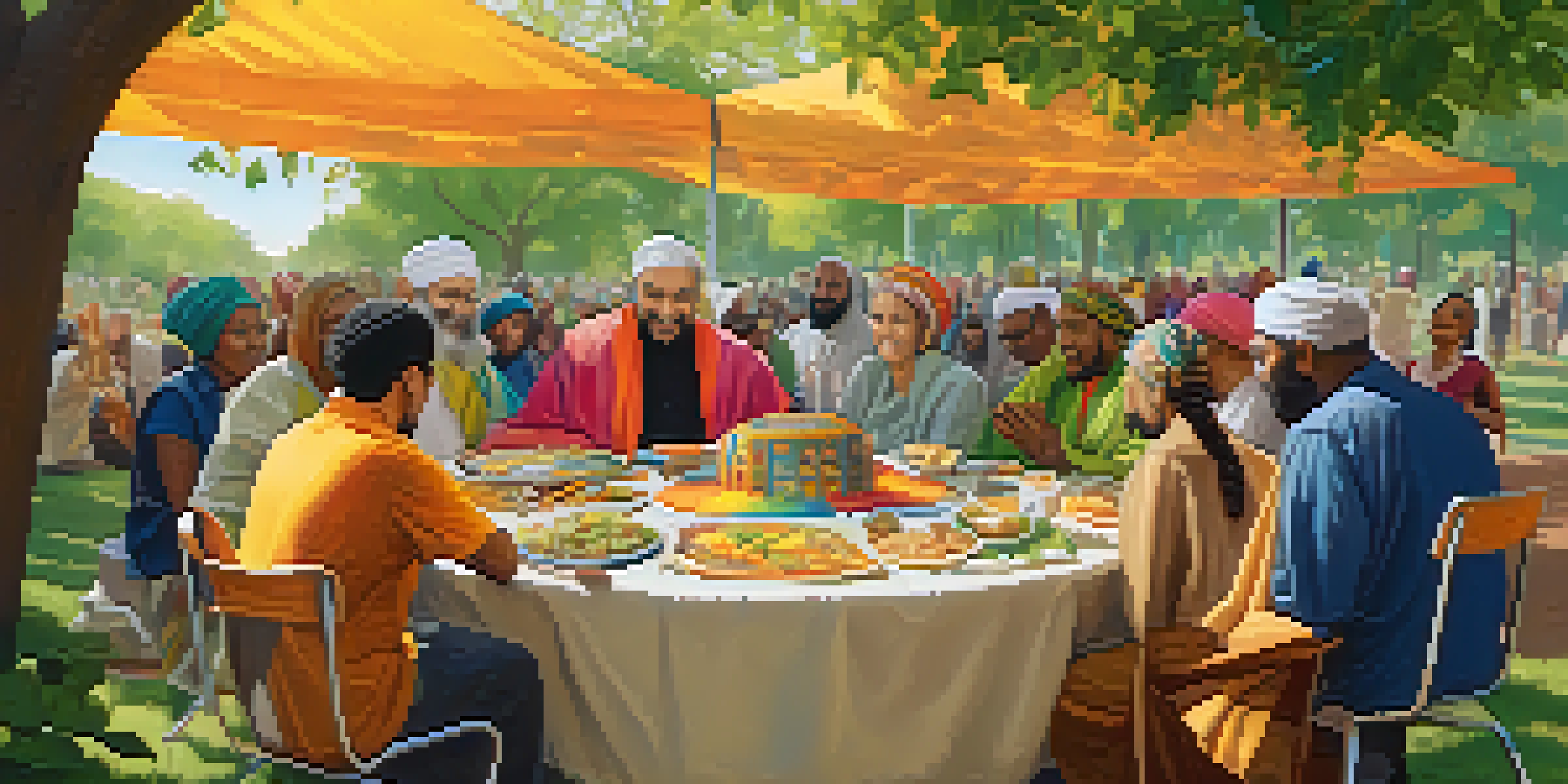 A diverse group of individuals engaged in an interfaith dialogue in a park, surrounded by greenery and colorful banners representing different religions.