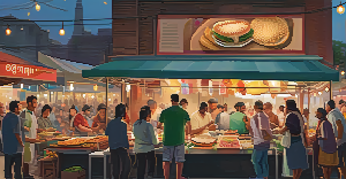 A lively street food market with colorful stalls and diverse people enjoying various dishes under warm lights.