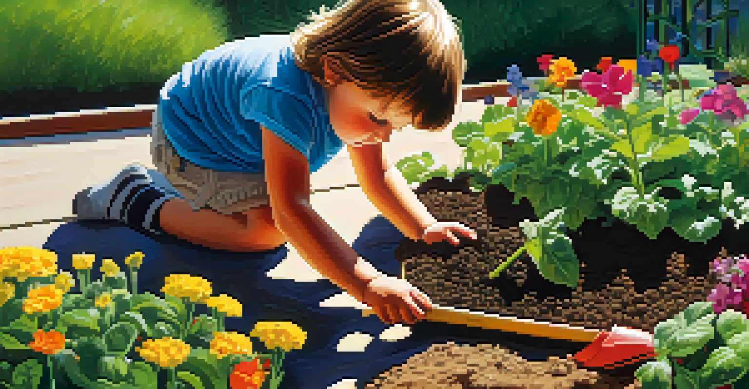 A child focused on planting seeds in a garden bed, surrounded by colorful gardening tools and blooming flowers.
