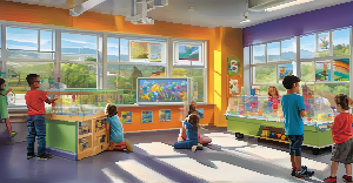 Children enthusiastically participating in hands-on activities at the Children's Discovery Museum of San Jose, surrounded by colorful displays.