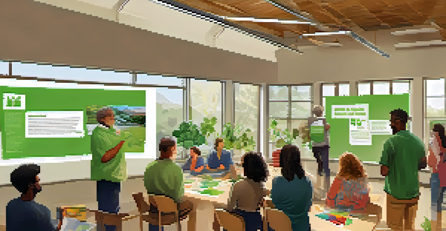 A community workshop in Cupertino with residents learning about sustainability, surrounded by eco-friendly materials and posters.