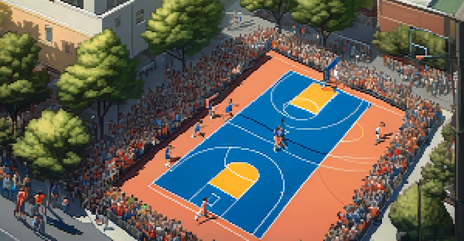An overhead view of a friendly basketball game with players in action and spectators cheering from the sidelines.