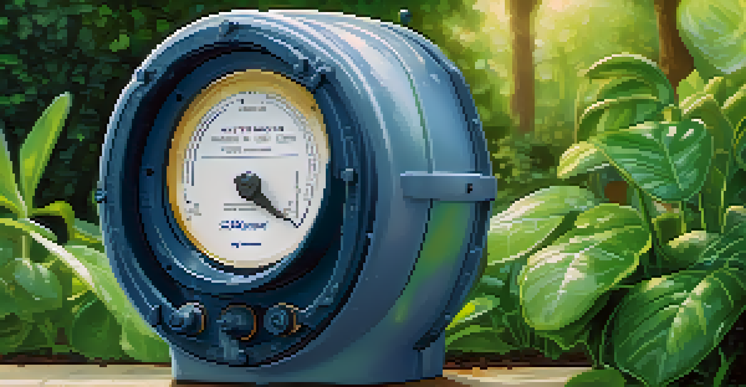 A close-up of a smart water meter in a garden, with real-time data displayed and lush greenery in the background.