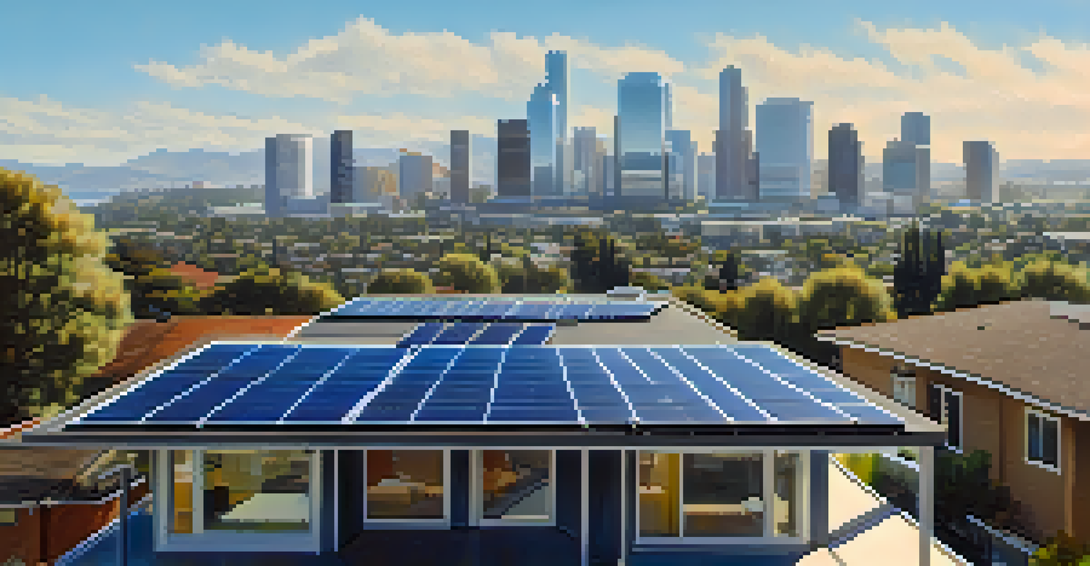 Solar panels on rooftops with a city skyline in the background, featuring residents participating in a sustainability workshop, illustrating renewable energy efforts.
