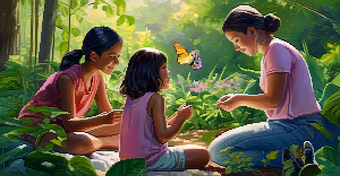 A family enjoying a nature workshop, examining a butterfly among lush plants with sunlight filtering through trees.