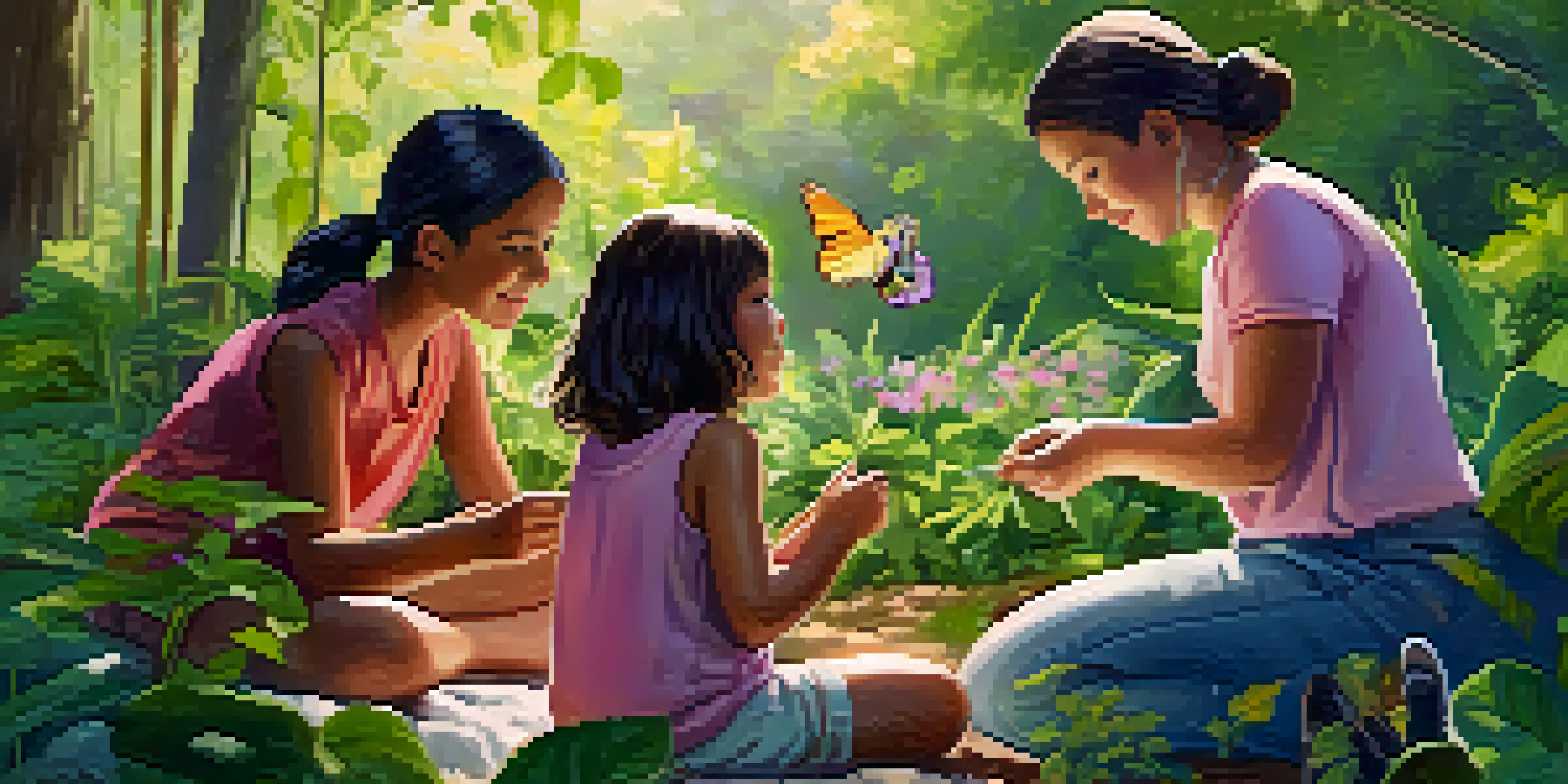 A family enjoying a nature workshop, examining a butterfly among lush plants with sunlight filtering through trees.