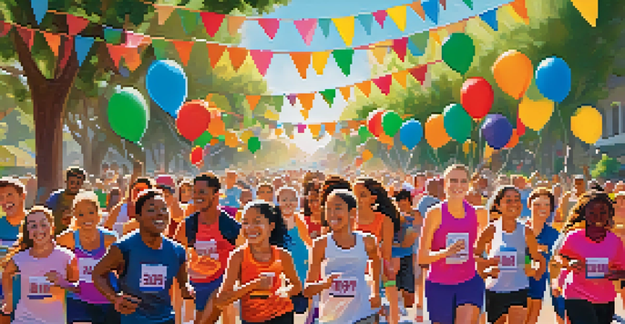 A diverse group of people participating in a fun run, smiling and supporting each other with colorful athletic wear and festive decorations around them.