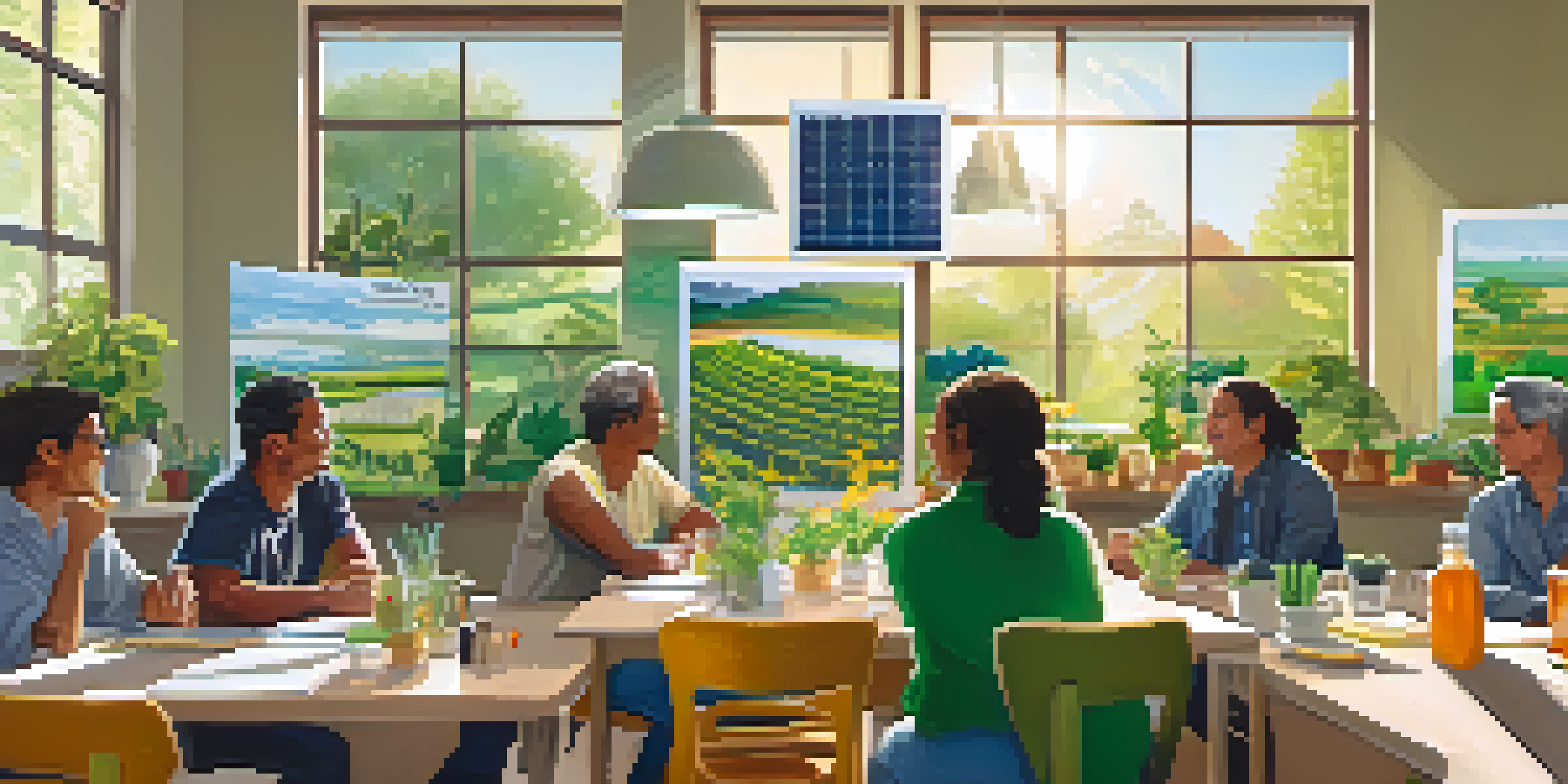 A diverse group of residents participating in a community workshop about solar energy, with educational materials and plants in the background.