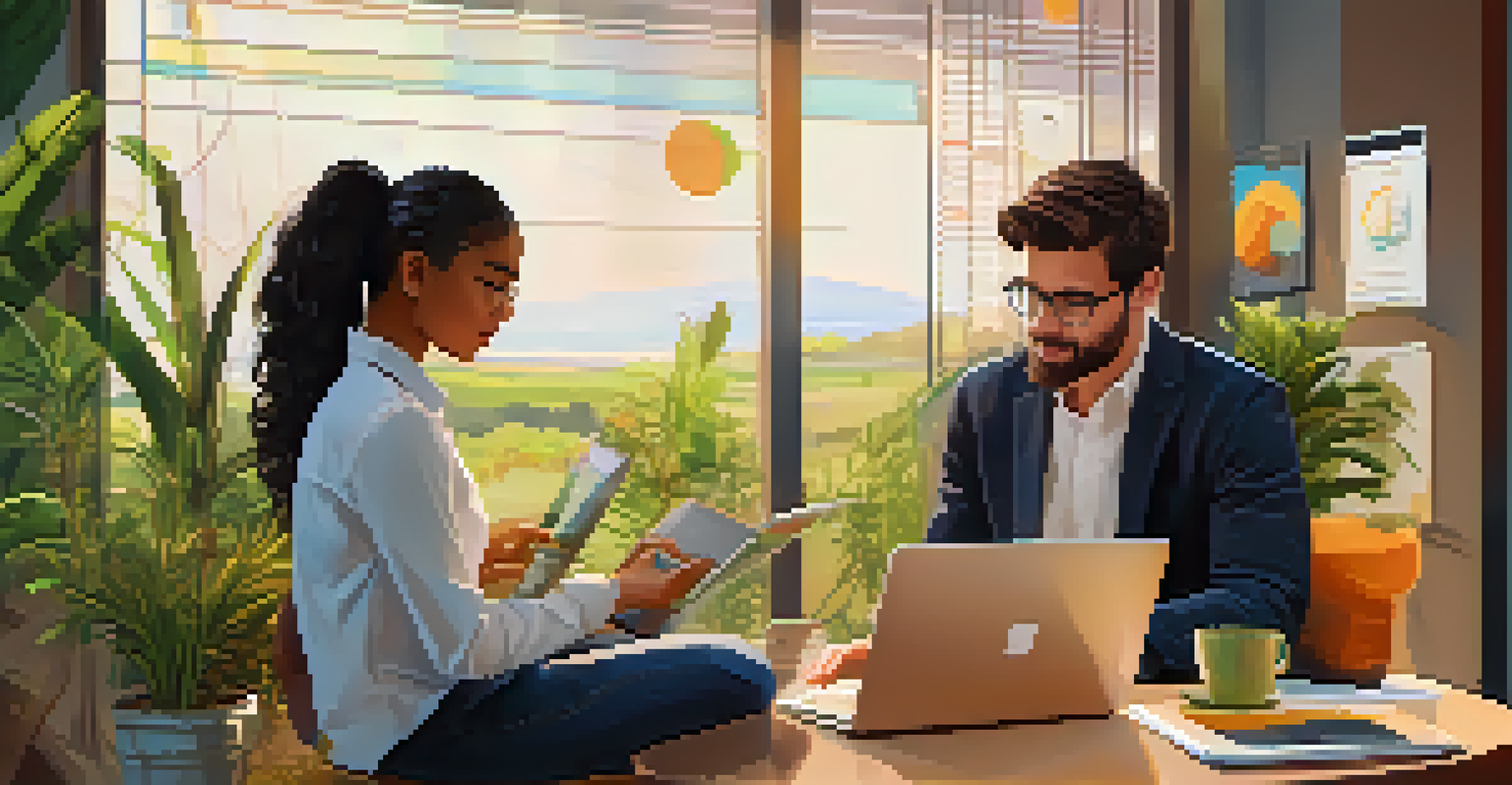A mentor discussing ideas with a young entrepreneur over a laptop, surrounded by a welcoming workspace with greenery.