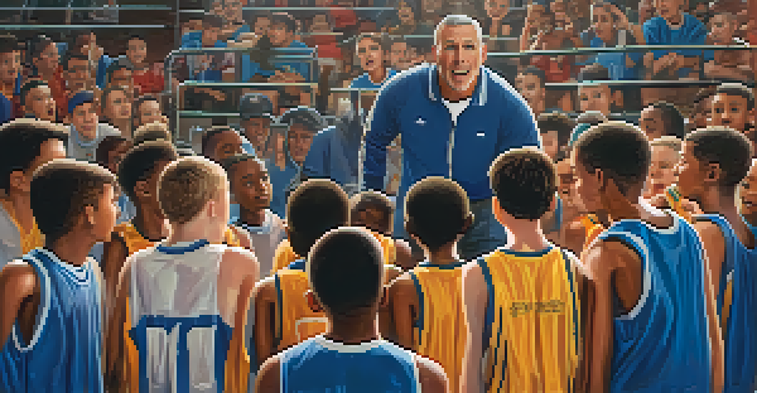 A coach passionately speaking to young athletes on a basketball court, capturing the essence of mentorship and teamwork.