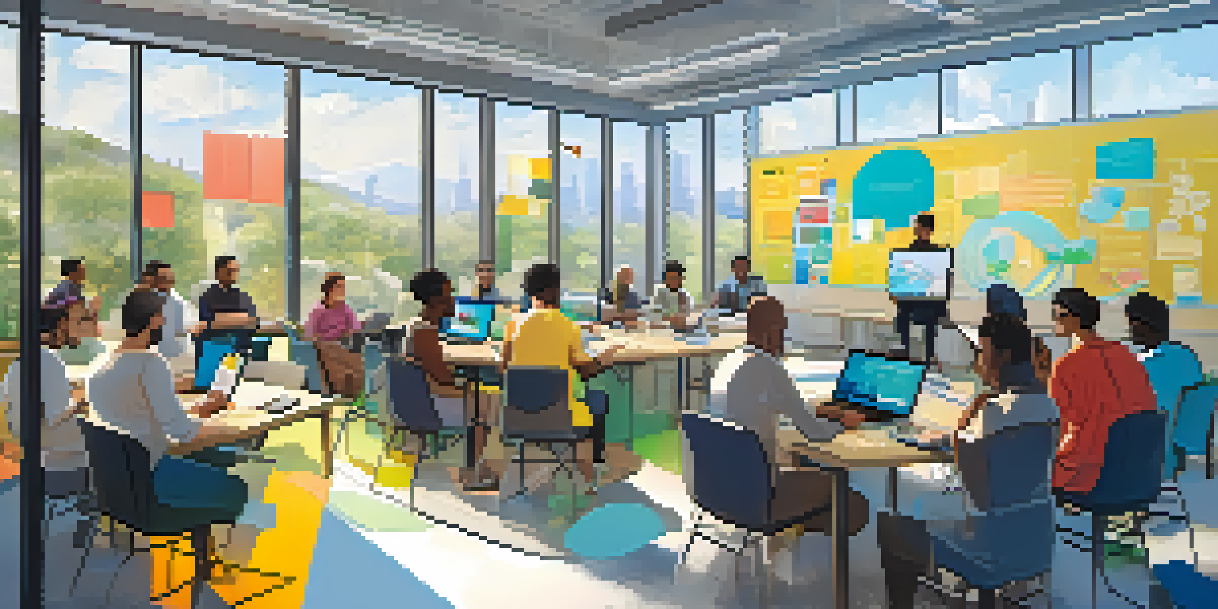 A lively tech workshop with diverse participants discussing ideas in a bright room filled with natural light and modern decor.