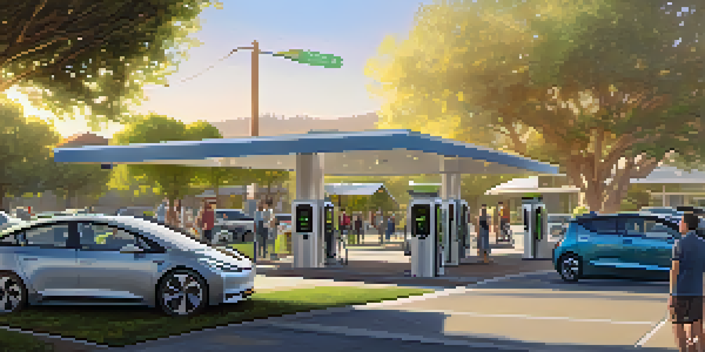 A lively city scene in Cupertino featuring electric vehicle charging stations, surrounded by greenery and people engaging with their cars in a warm golden hour light.