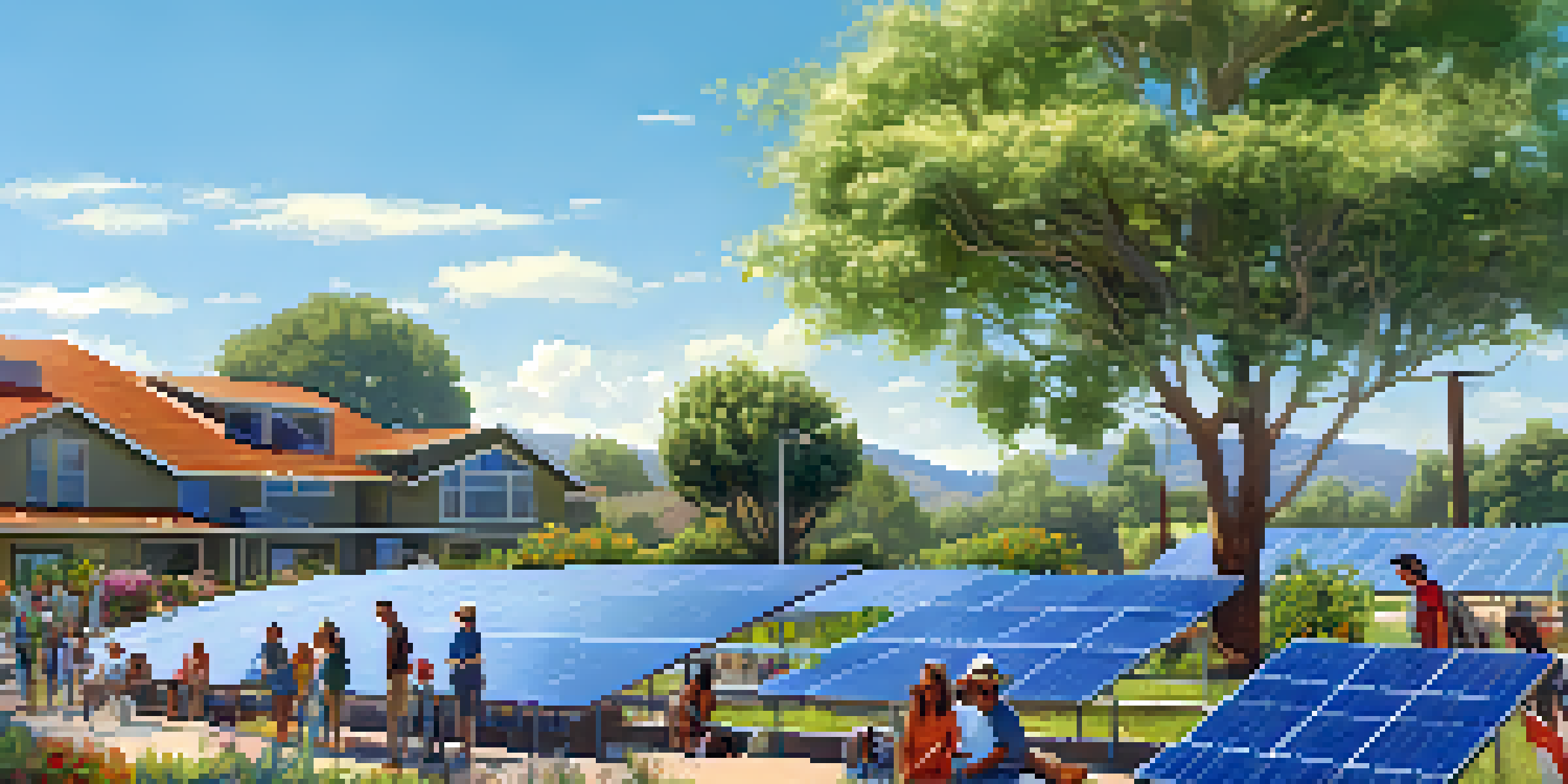A community solar project in Cupertino with residents discussing solar panels amid greenery and a clear blue sky.
