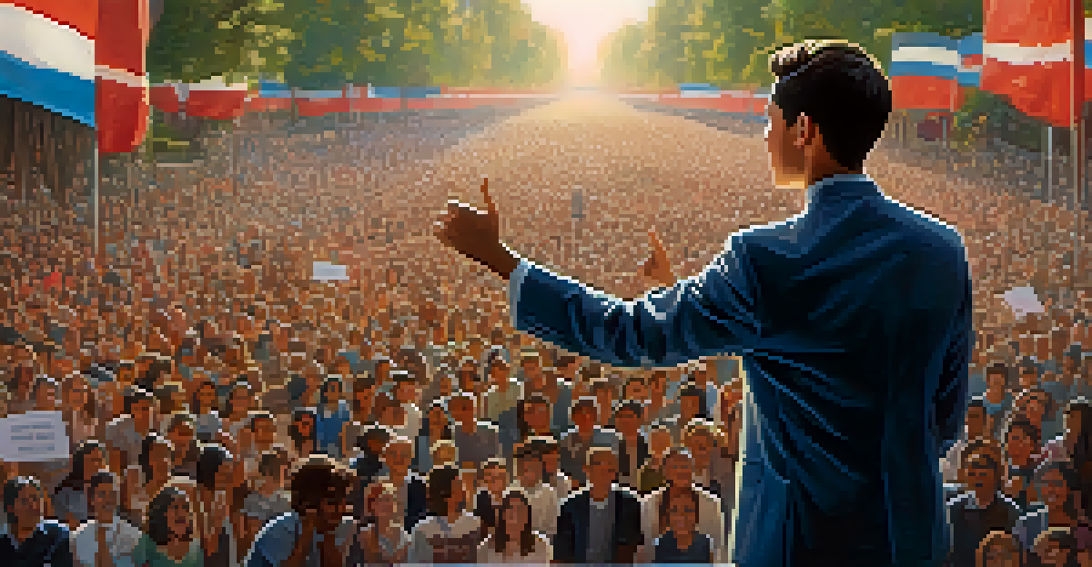 A young leader speaking on stage to an engaged audience, promoting civic engagement with a warm atmosphere.