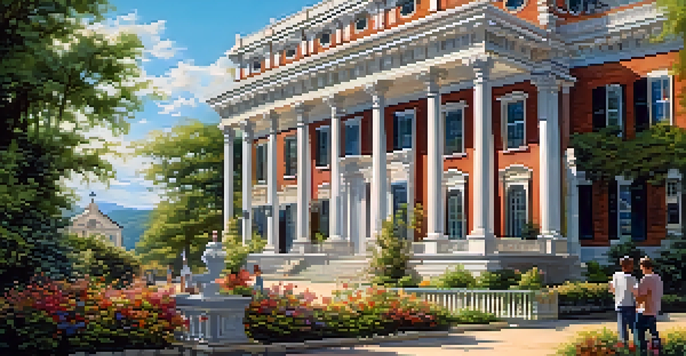 A historic 19th-century building surrounded by greenery and flowers, with people discussing preservation efforts in the foreground.