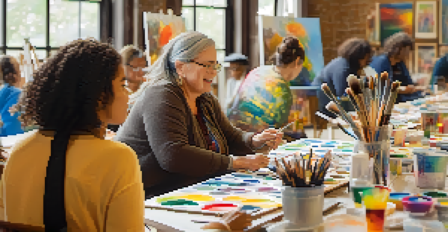 A local artist teaching a small group how to paint, surrounded by art supplies and colorful canvases, with participants paying close attention.