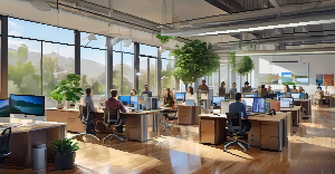 A diverse group of professionals working together in a bright and modern startup office, with laptops and plants around them.