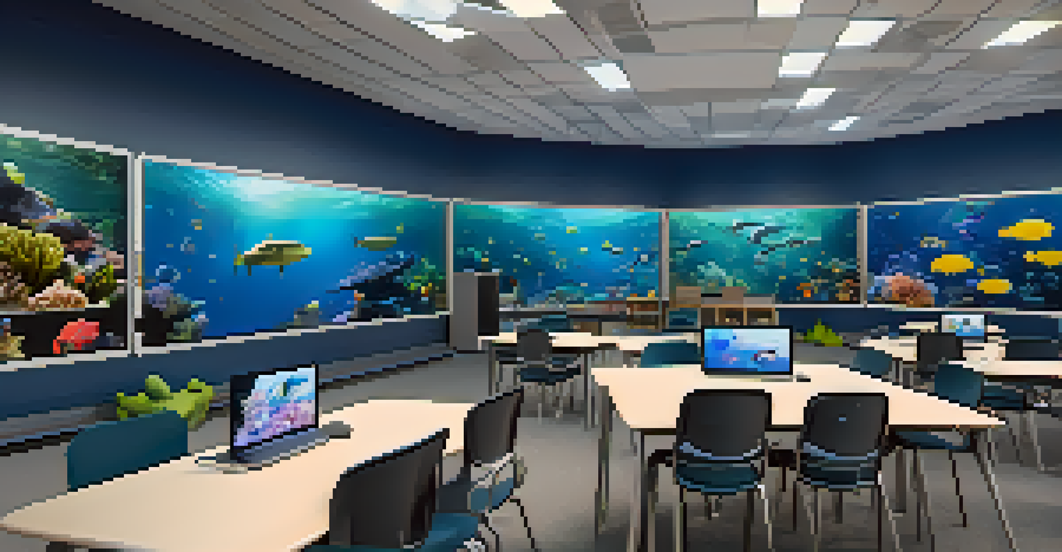 Students using virtual reality headsets in a modern classroom to explore underwater ecosystems.