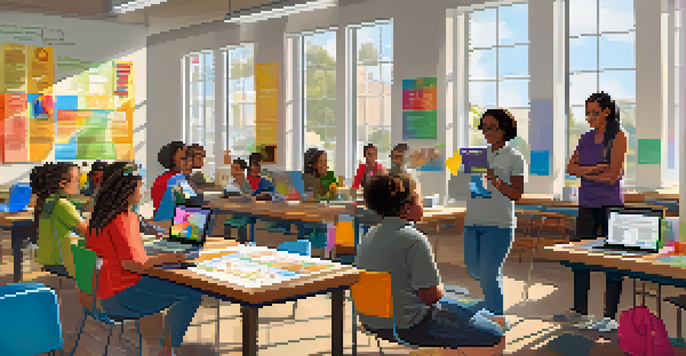 A community workshop in a library with diverse participants learning computer skills, illuminated by natural light.