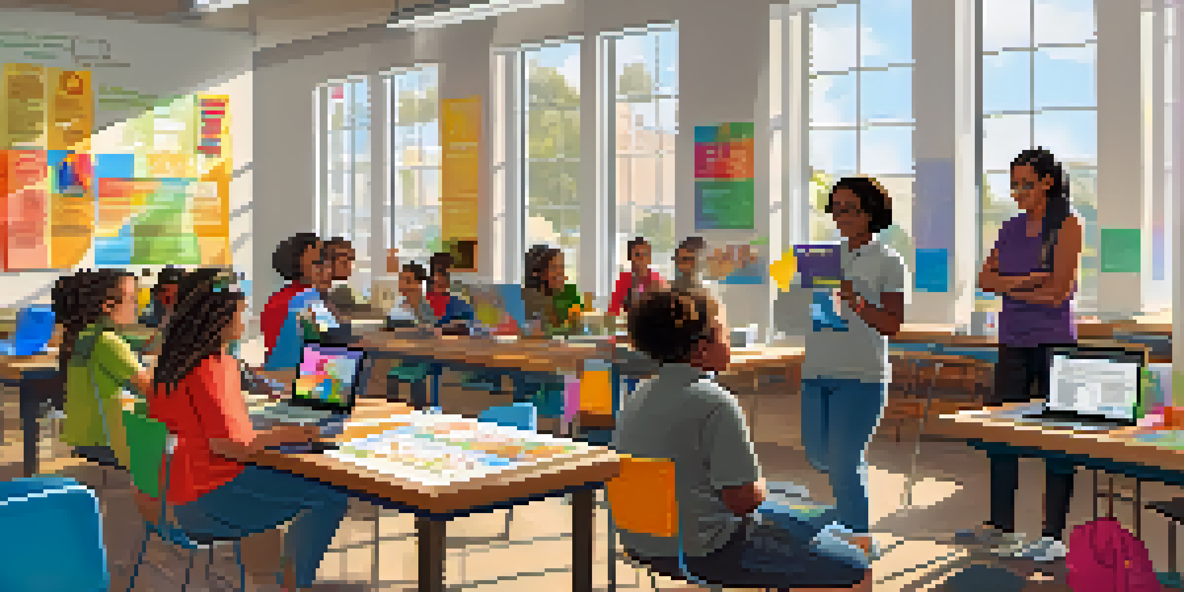 A community workshop in a library with diverse participants learning computer skills, illuminated by natural light.