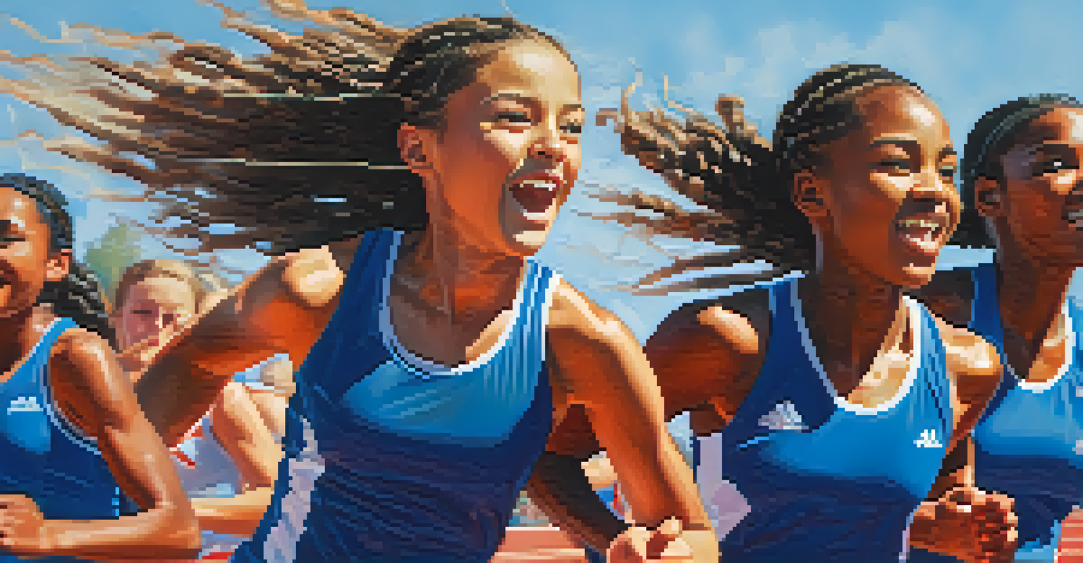 A young girl sprinting down a vibrant red track with cheering teammates in the background, showcasing focus and determination.