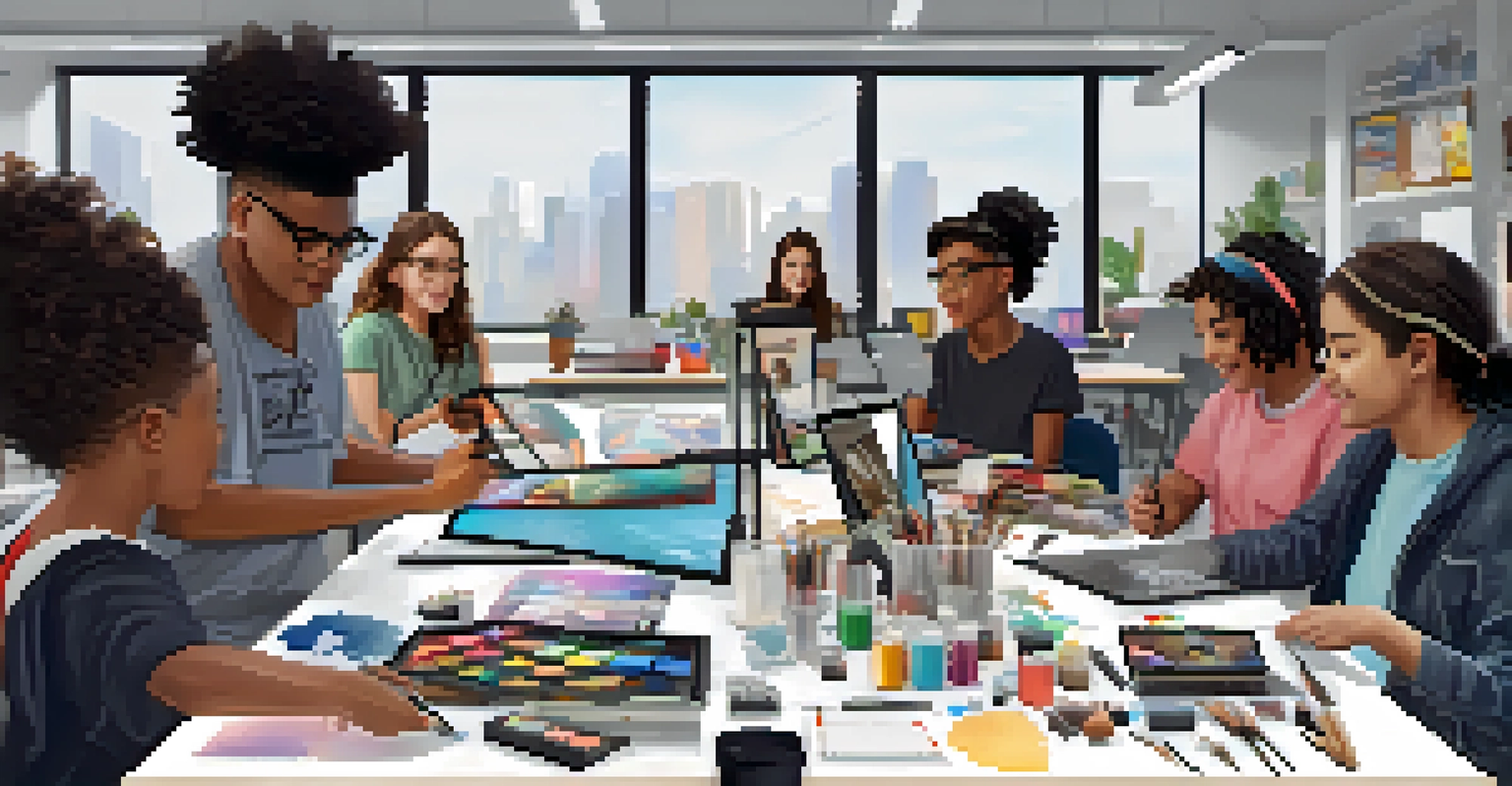 Students in a digital art workshop collaborating and using technology in a modern classroom environment.