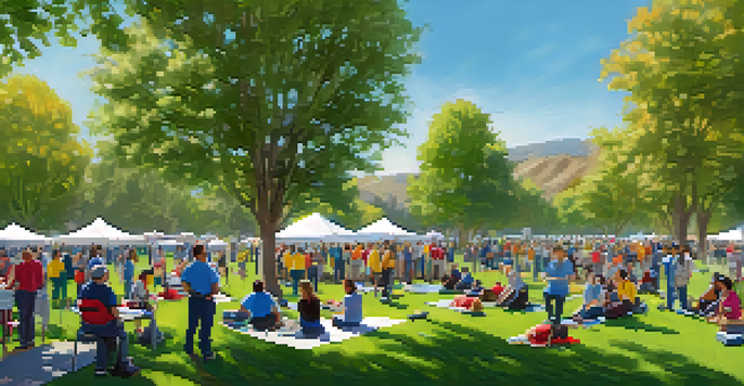 A community safety workshop in Cupertino park with diverse residents learning first aid techniques under a sunny sky.