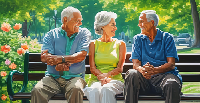 An elderly couple sitting on a bench in a sunny park, surrounded by greenery and flowers, smiling at each other.