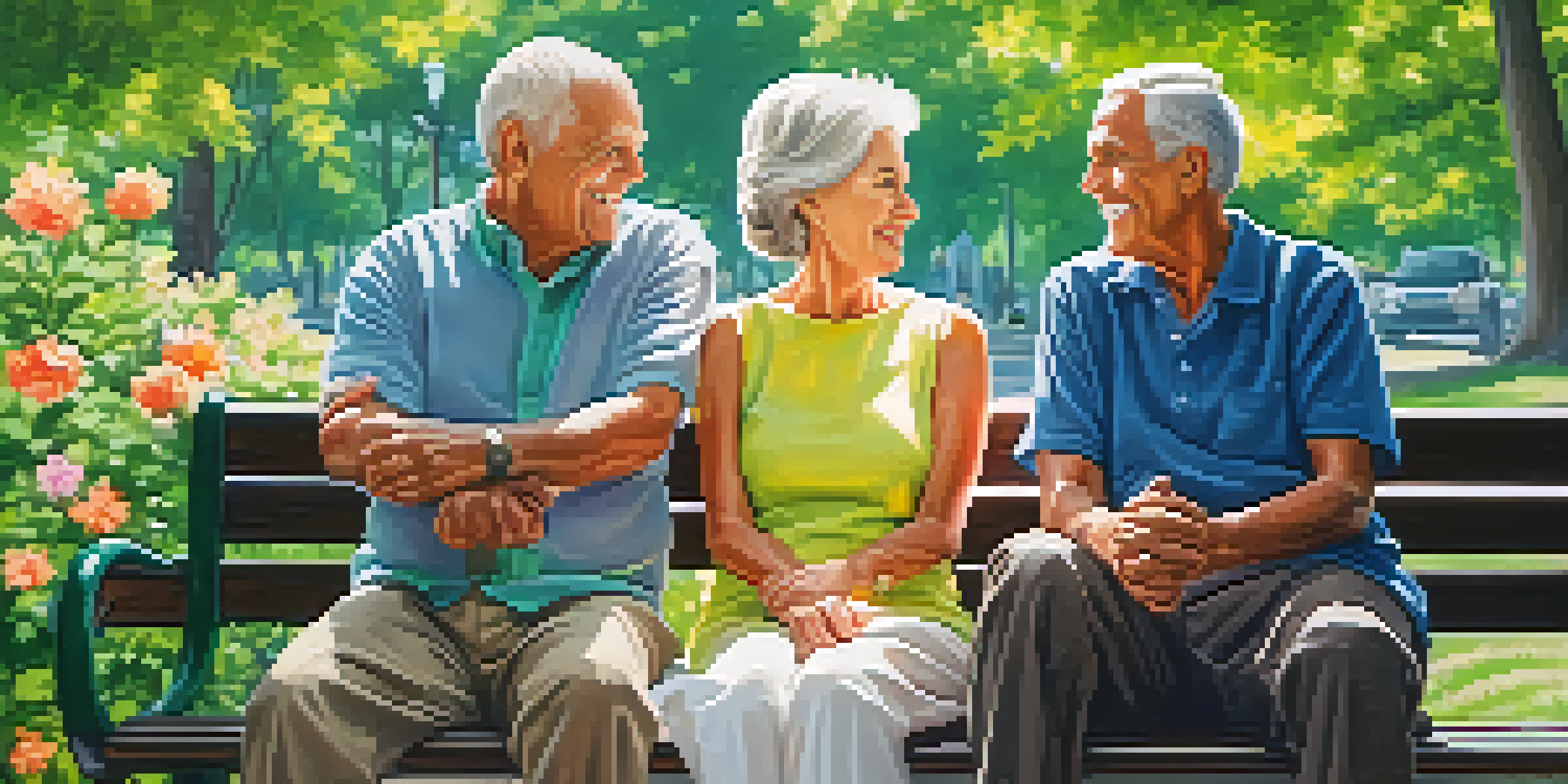 An elderly couple sitting on a bench in a sunny park, surrounded by greenery and flowers, smiling at each other.