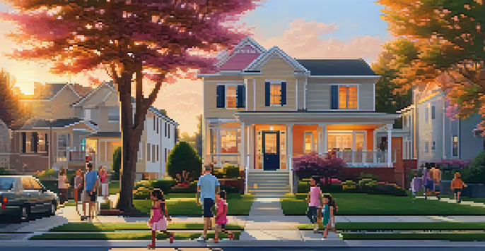 A suburban neighborhood at sunset with families walking to a school, houses with gardens, and children playing.