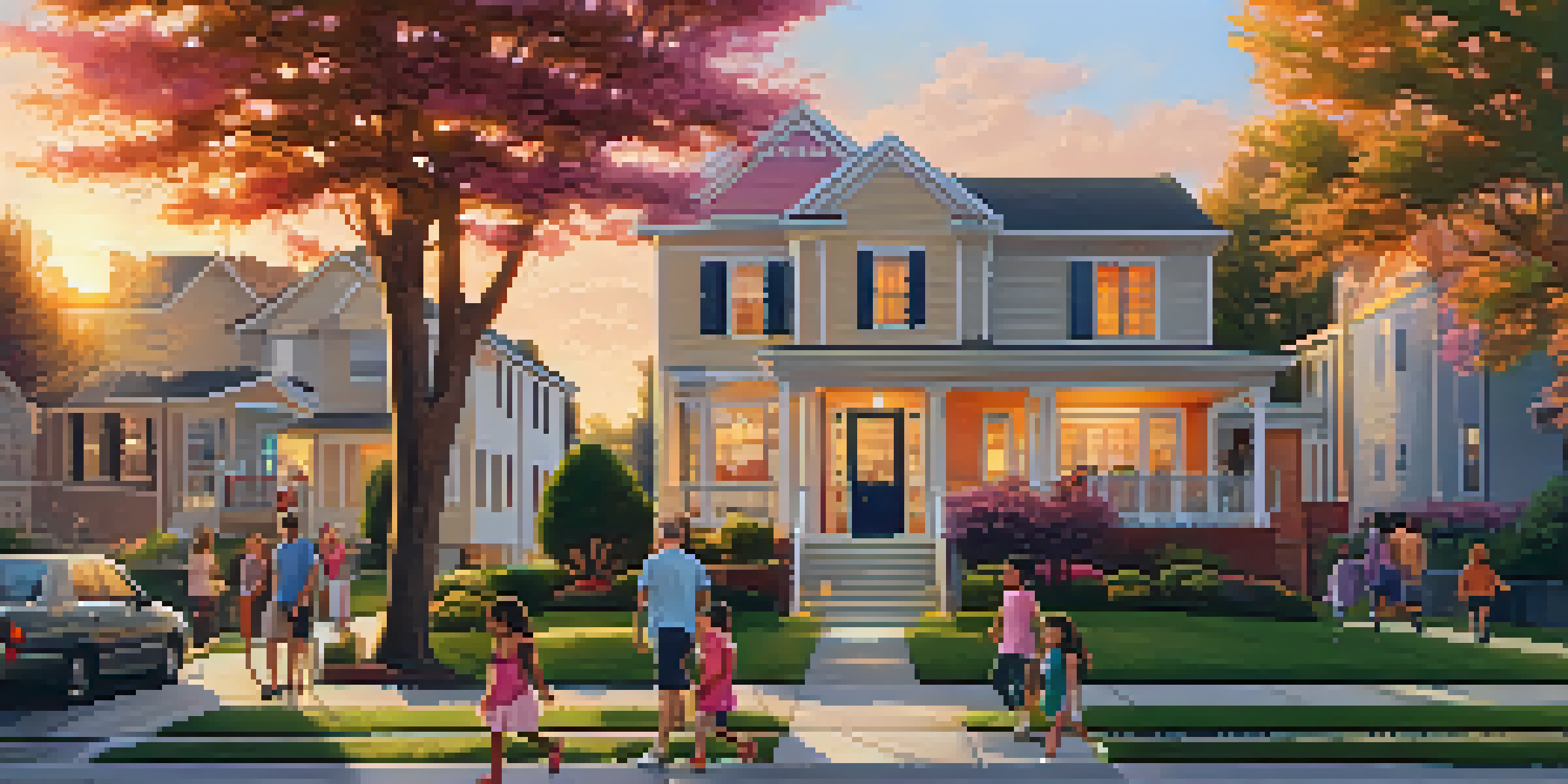 A suburban neighborhood at sunset with families walking to a school, houses with gardens, and children playing.