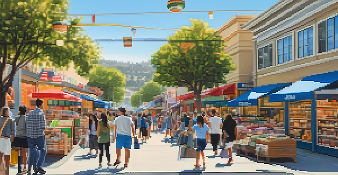 A lively urban street in Cupertino featuring various retail stores and e-commerce advertisements, filled with shoppers under a blue sky.