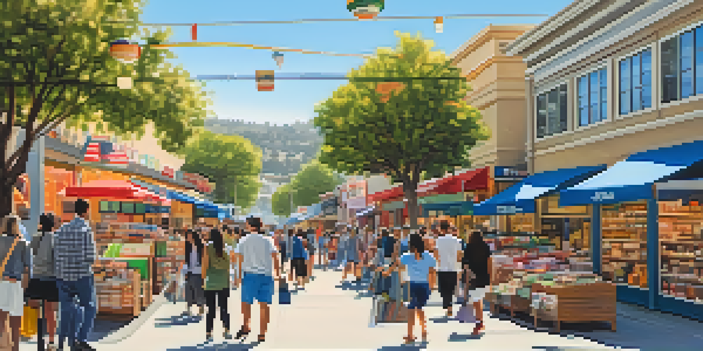 A lively urban street in Cupertino featuring various retail stores and e-commerce advertisements, filled with shoppers under a blue sky.