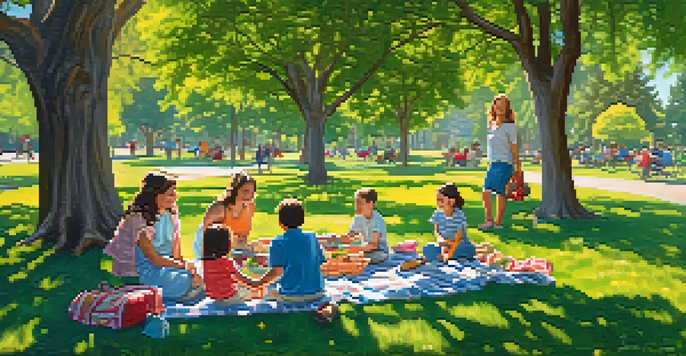 Families having a picnic in a sunny park with children playing on a playground and trees in the background.