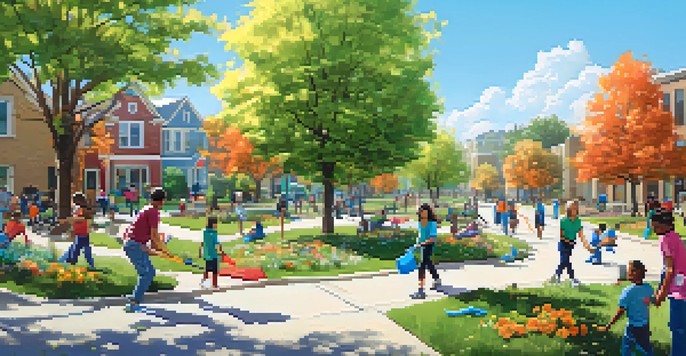 A community clean-up day in a park with people of various ages picking up litter, surrounded by greenery and colorful flowers.