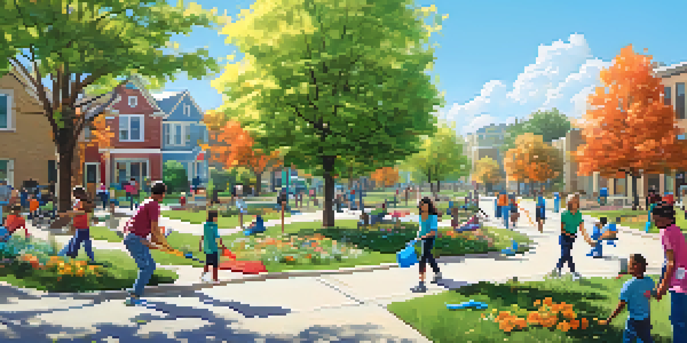 A community clean-up day in a park with people of various ages picking up litter, surrounded by greenery and colorful flowers.