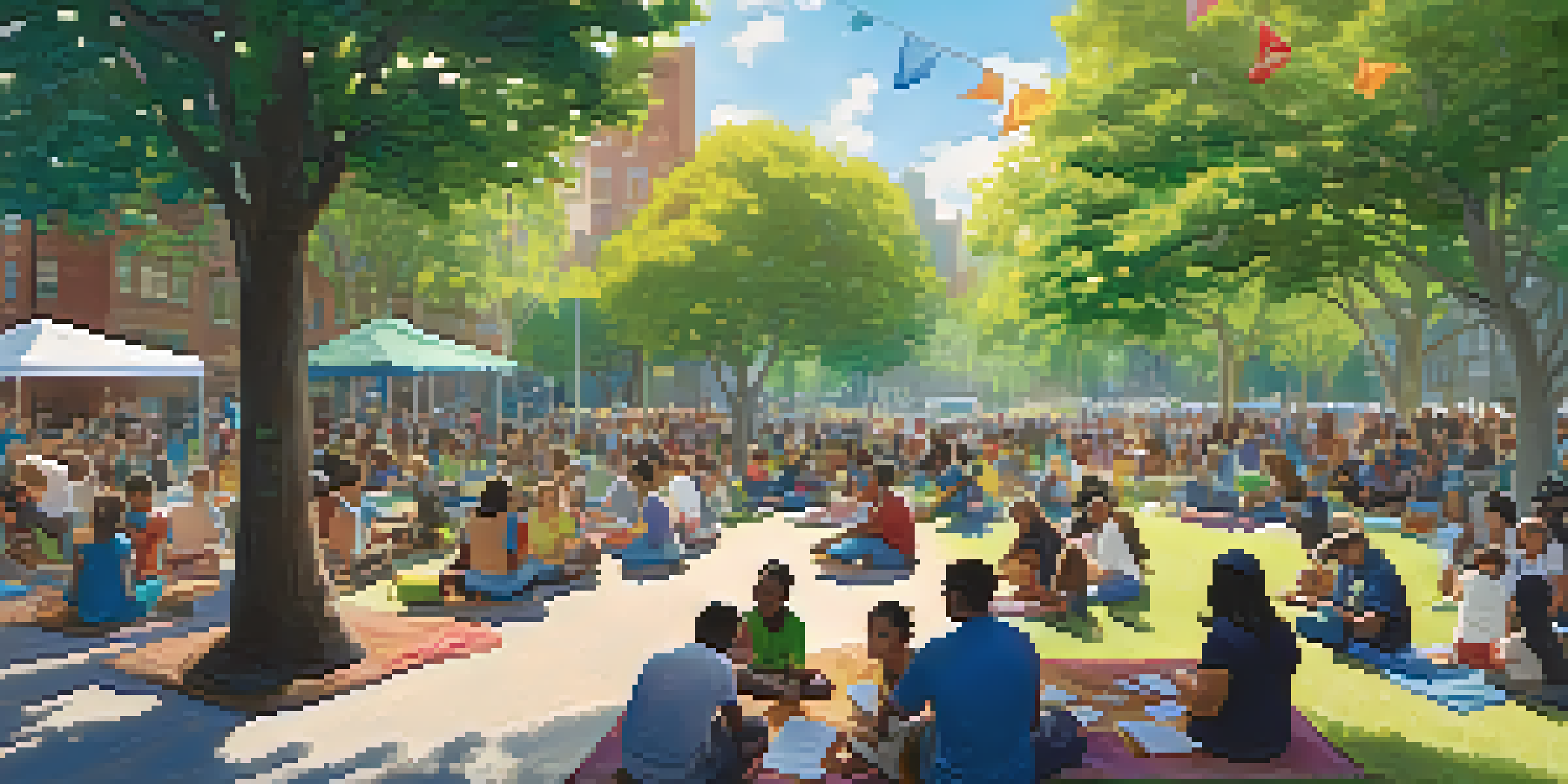 A diverse group of residents participating in a community workshop in a park, surrounded by colorful banners and blooming flowers.