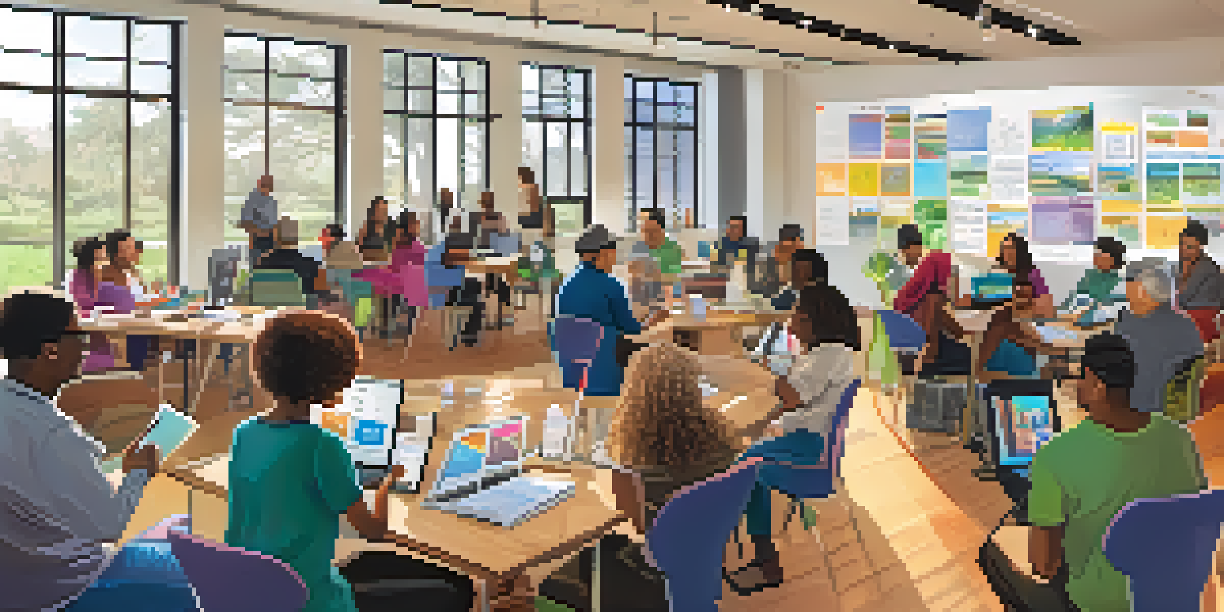 A community workshop in Cupertino with diverse participants engaged in financial literacy learning, seated at tables with materials and laptops under bright natural light.