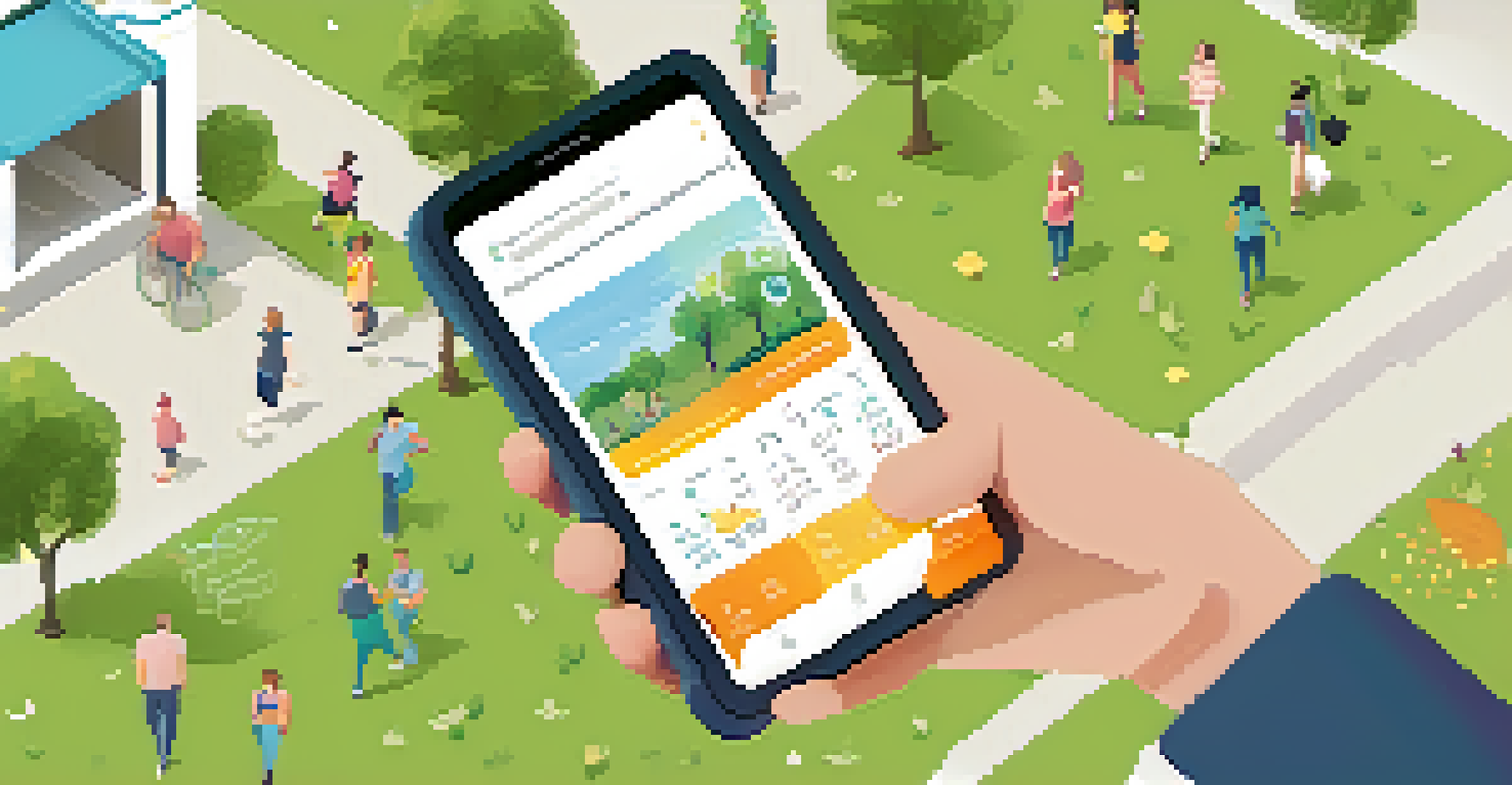 A mobile app interface showing community resources, held by a resident in a park with greenery around.