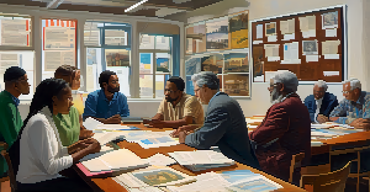 A diverse group of people discussing local history in a modern archive, surrounded by light and colorful posters.