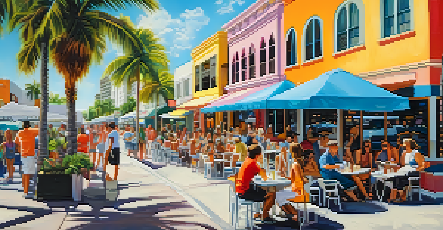 A colorful street scene in Miami, Florida, with murals, palm trees, and people at an outdoor café.