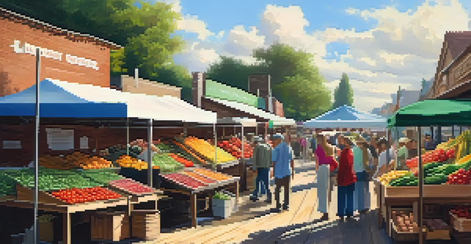 A lively farmers market filled with colorful fruits and vegetables, families interacting with farmers, and a sunny atmosphere.